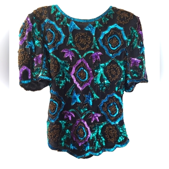 Vintage Laurence Kazar 100% Silk Sequined Embellished Party Top - Picture 1 of 3
